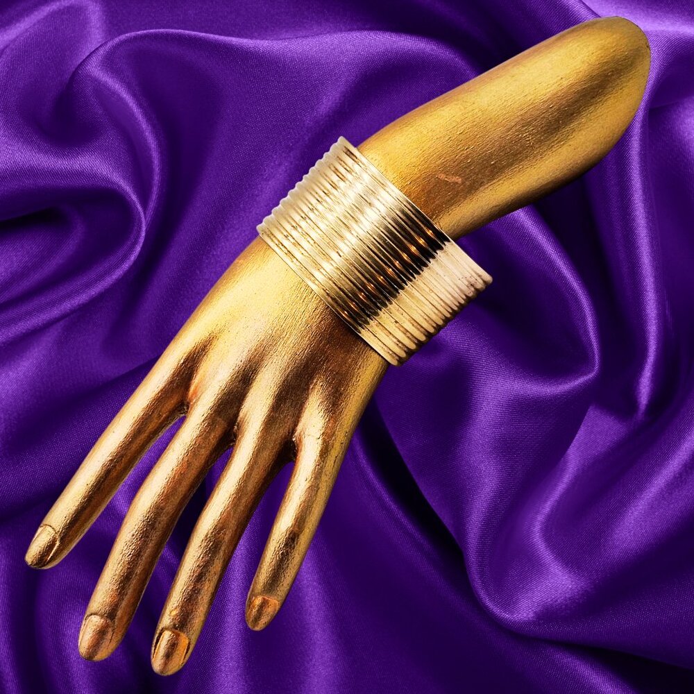 Wide Ribbed Brass Statement Cuff Bracelet – Heavy Weighted Gold Tone w Patina